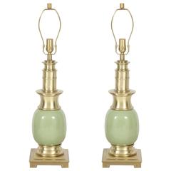 Pair of Celadon Green Ceramic and Brass Lamps by Stiffel