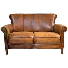 Vintage French Distressed Art Deco Leather Sofa