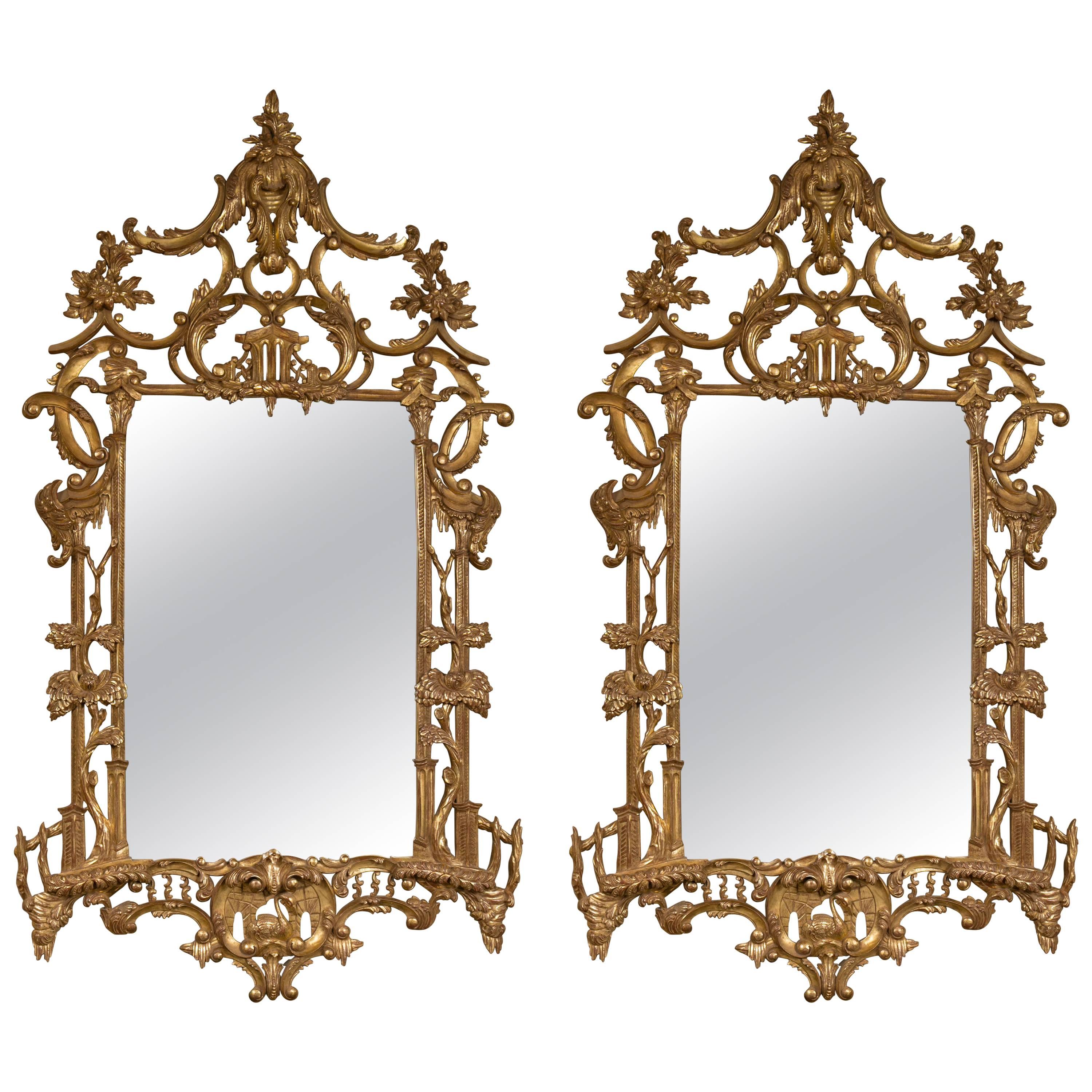 Pair of Italian Gilt Gold Chinese Chippendale Style Wooden Wall Mirrors