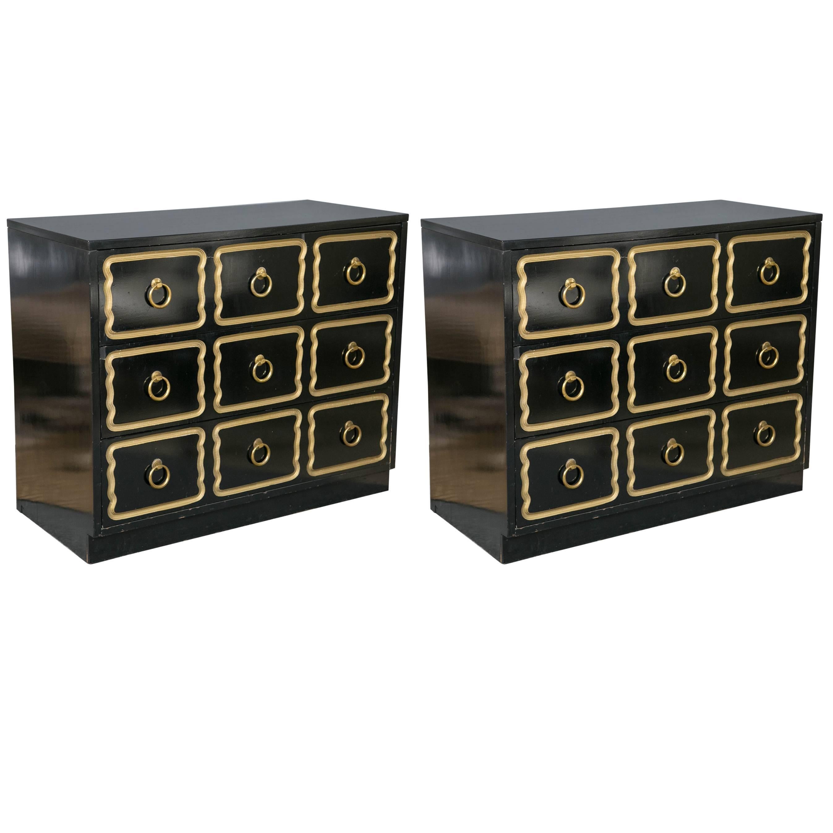 Pair of Dorothy Draper Style Espana Ebonized Chests
