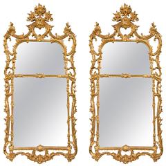 Pair of Chinese Chippendale Style Italian Gilt Wooden Wall Console Mirrors