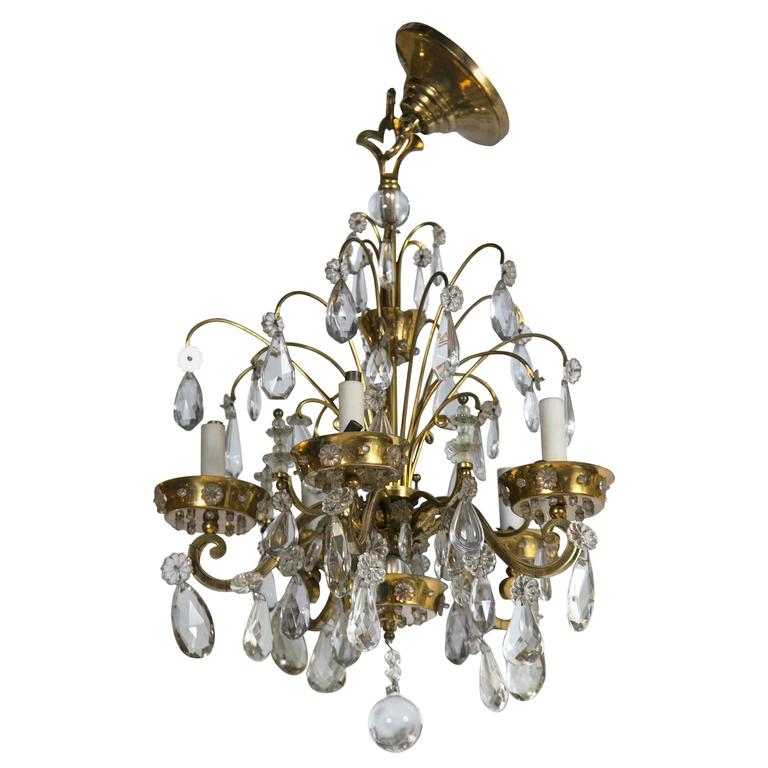 French Art Deco Chandelier With Four Lights By Maison Jansen For A Fine Bronze And Crystal French Art Deco Chandelier By Maison Jansen Five Arm