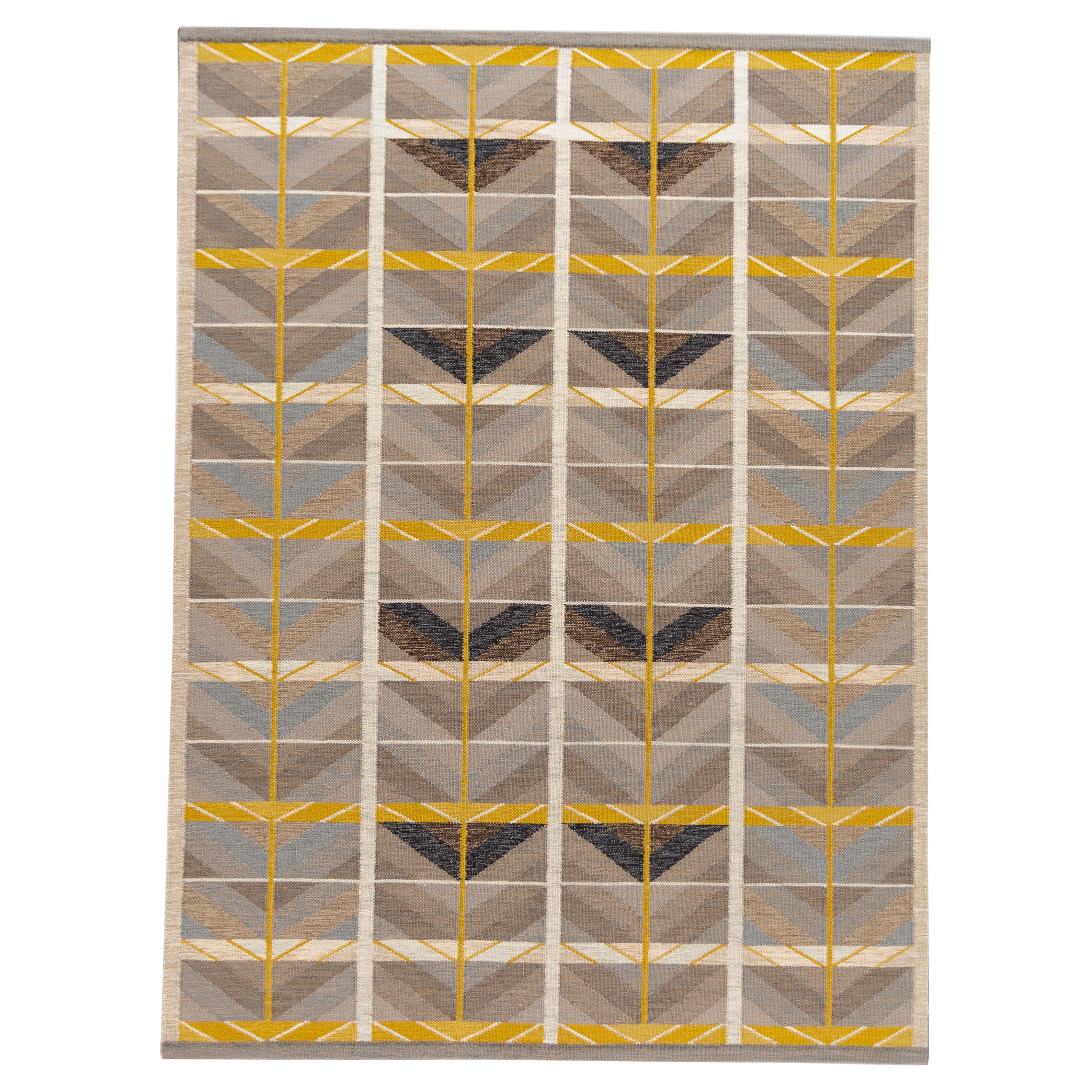 Moderner Flachgeweber Wollteppich im schwedischen Stil mit geometrischem Design in erdfarbenen Tönen