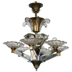 French Art Deco Chandelier Attributed to Maison Jansen Lalique Style Glass