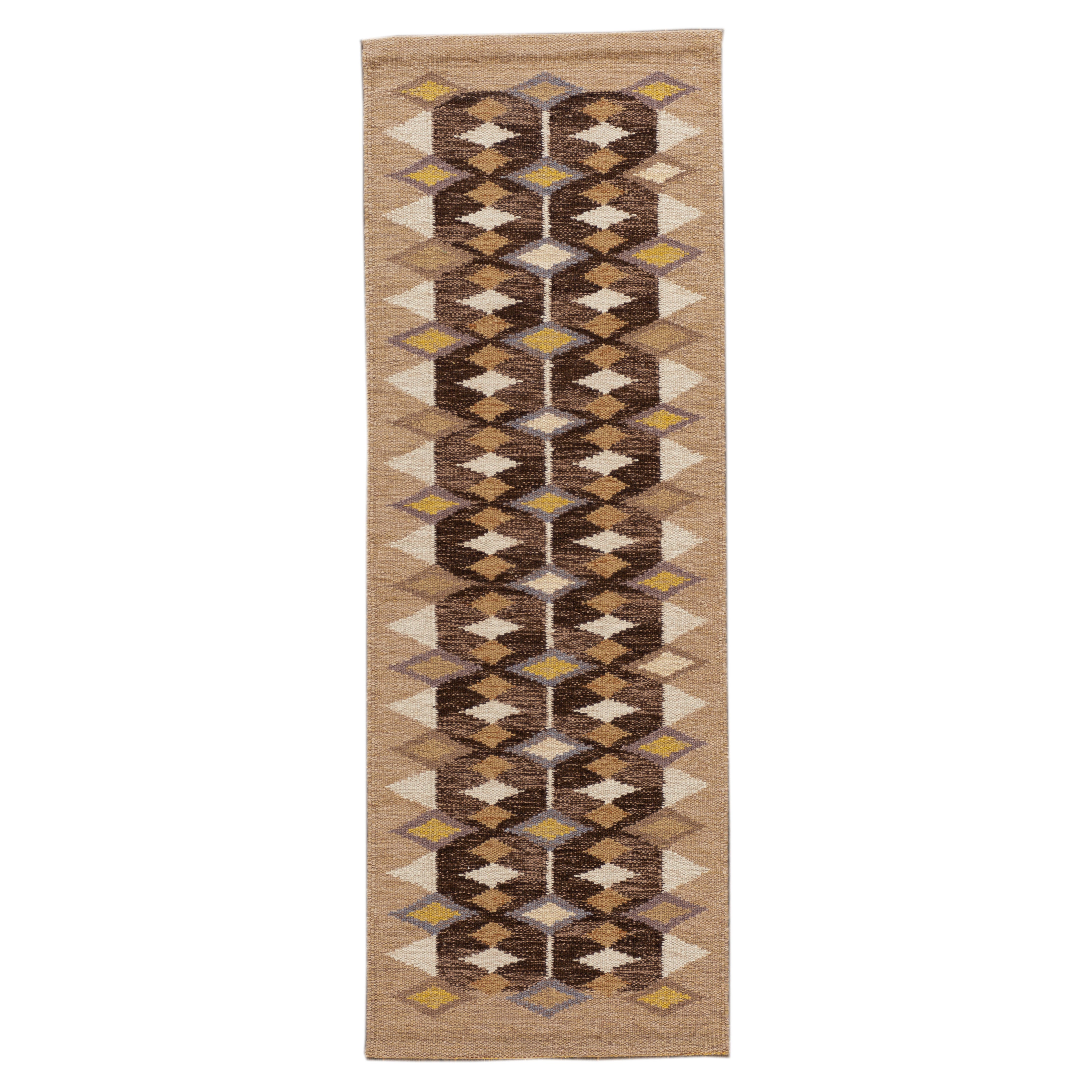 Moderner flachgewebter Wollteppich im skandinavischen Stil mit geometrischem Design in Brown