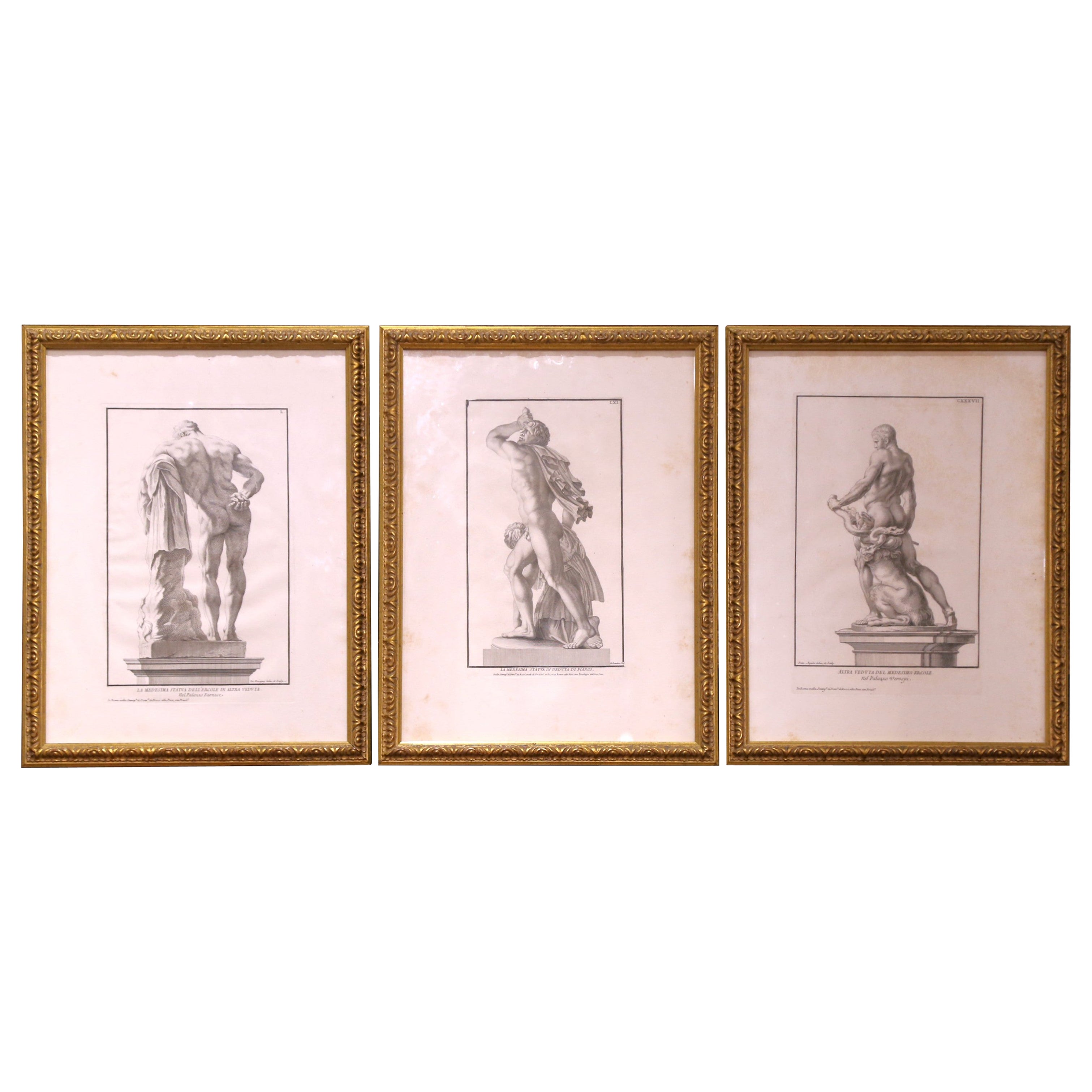 18th Century Italian Framed Neoclassical Hercules Statues Engravings, Set of 3