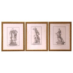 Set von 3 italienischen gerahmten neoklassizistischen Herkules-Statuen-Gravuren, 18. Jahrhundert