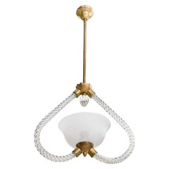 Italian Designer, Pendant Light, Brass, Glass, Italy, 1940s