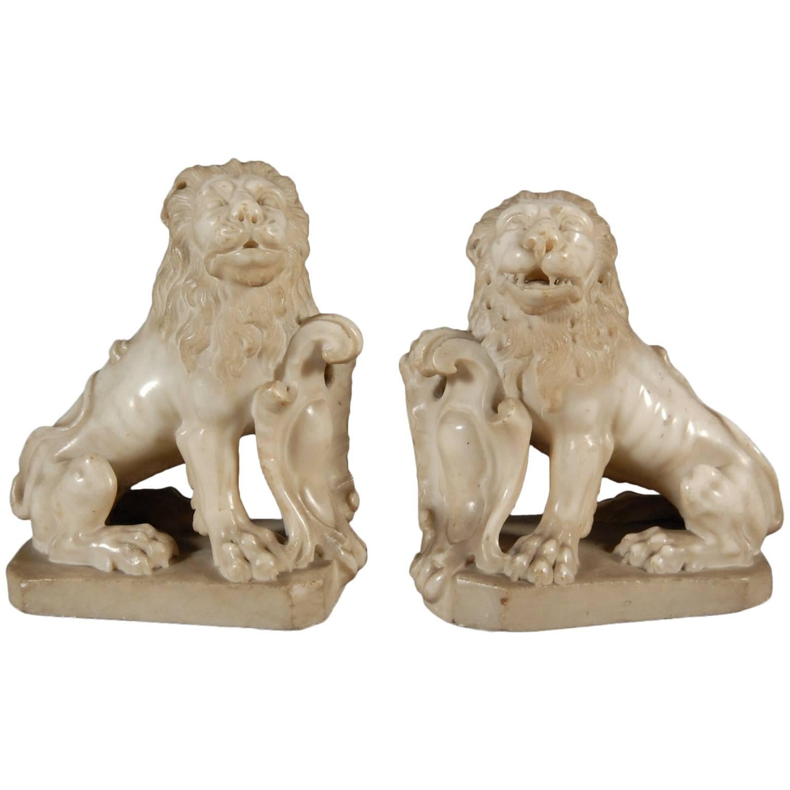 White Marble Lions Sculpture For Sale