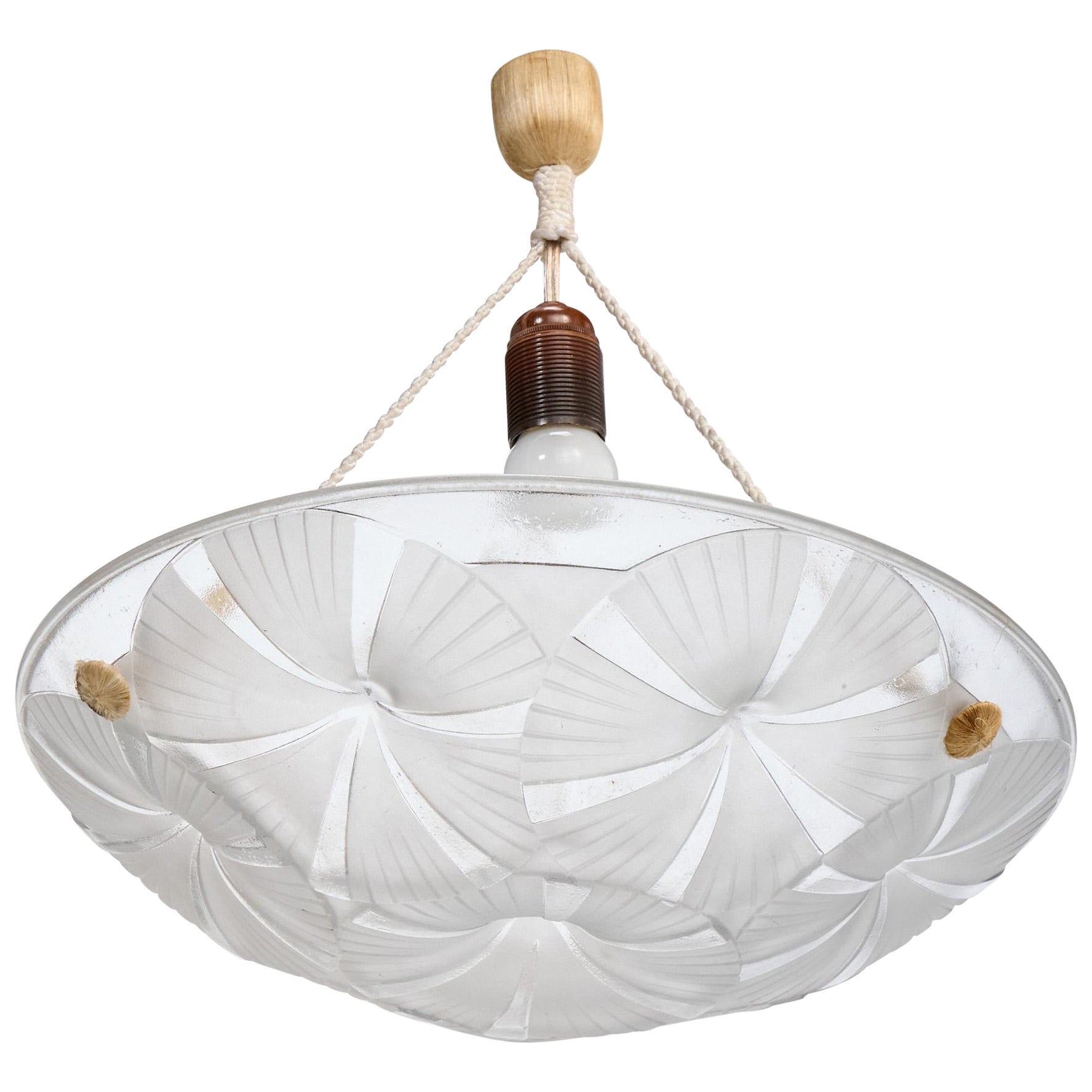French Designer, Pendant Light, Glass, Rope, France, 1930s