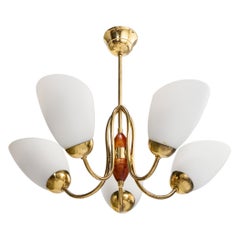 Swedish Designer, Chandelier, Brass, Wood, Glass, Sweden, 1950s
