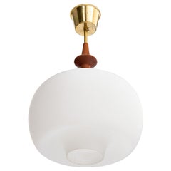 Swedish Designer, Pendant Light, Brass, Teak, Glass, Sweden, 1950s