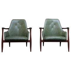 Pair of Scandinavian Modern Sculptural Walnut and Leather Petite Lounge Chairs