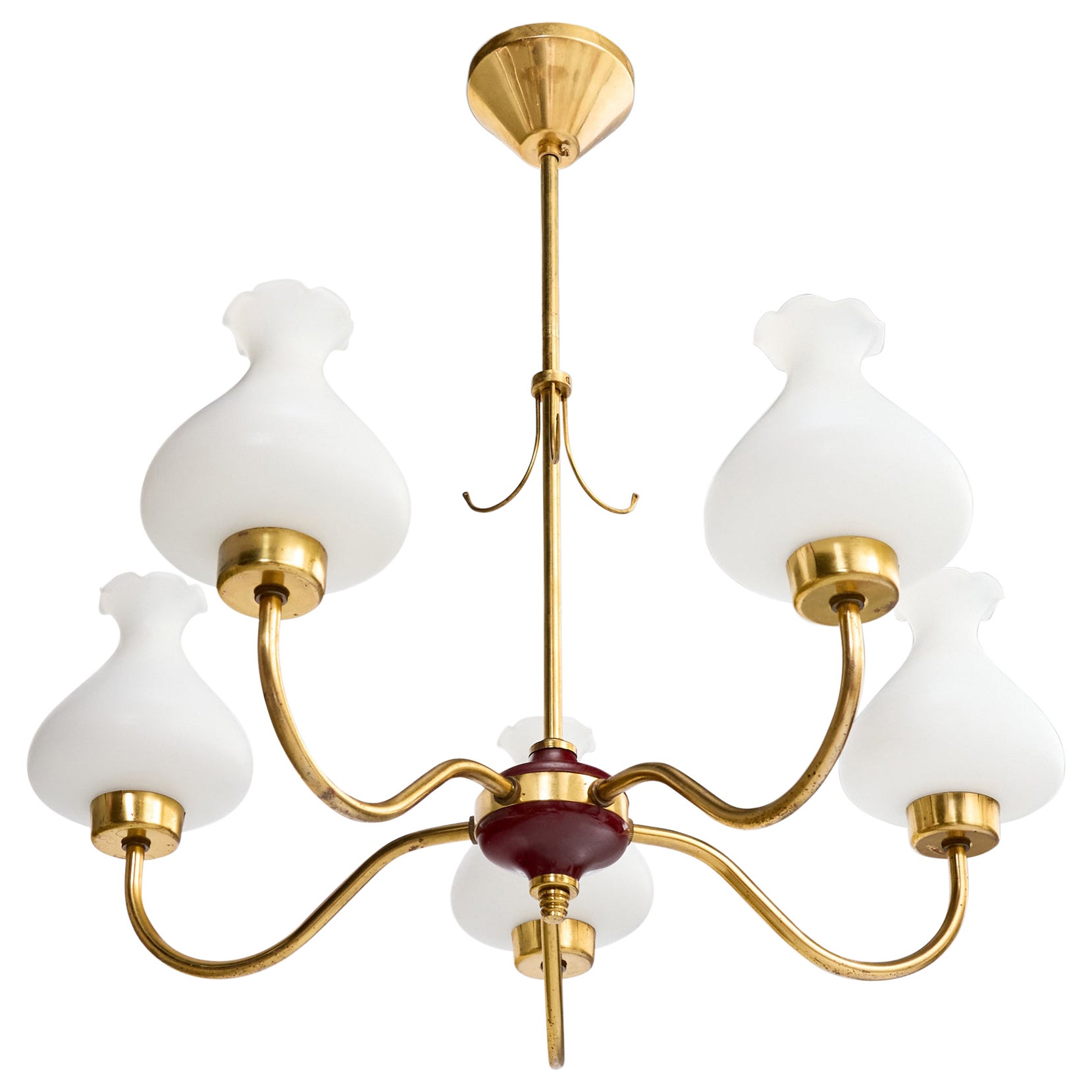 Swedish Designer, Chandelier, Brass, Wood, Fabric, Sweden, 1950s