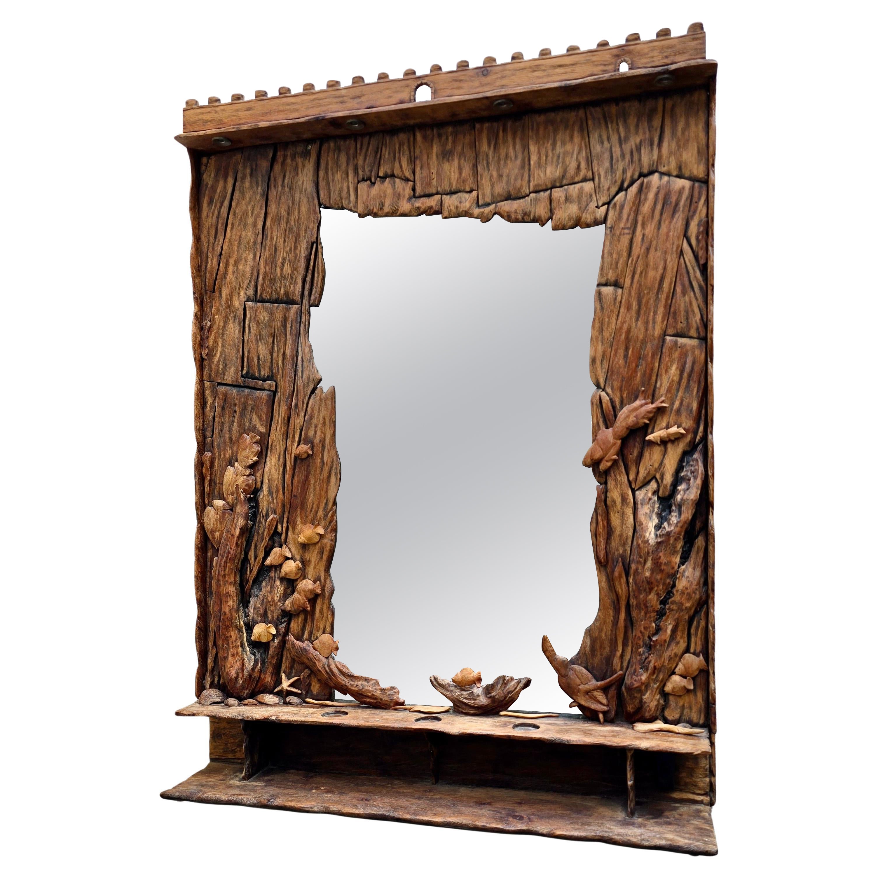 Hand-Carved Wooden Mirror with Ocean Motifs
