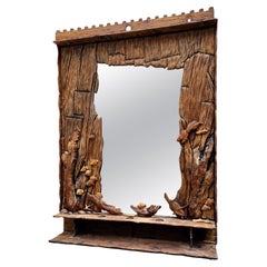 Hand-Carved Wooden Mirror with Ocean Motifs