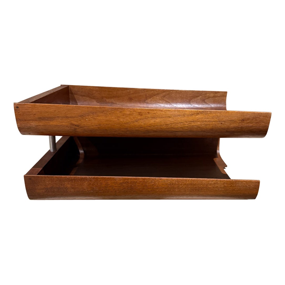 Midcentury Modernist Architectural Letter Tray Tiered Walnut Wood