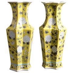 Antique Rare Pair of 19th Century Yellow Glazed Tall Vases