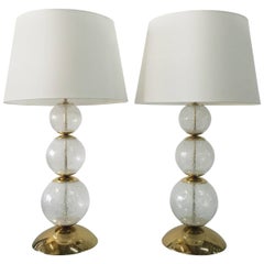 Glimmering Pair of Clear Bubbling Murano Glass Lamps 