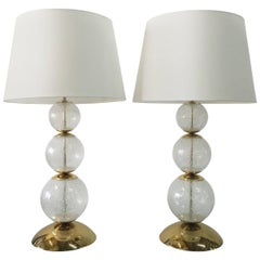 Glimmering Pair of Clear Bubbling Murano Glass Lamps