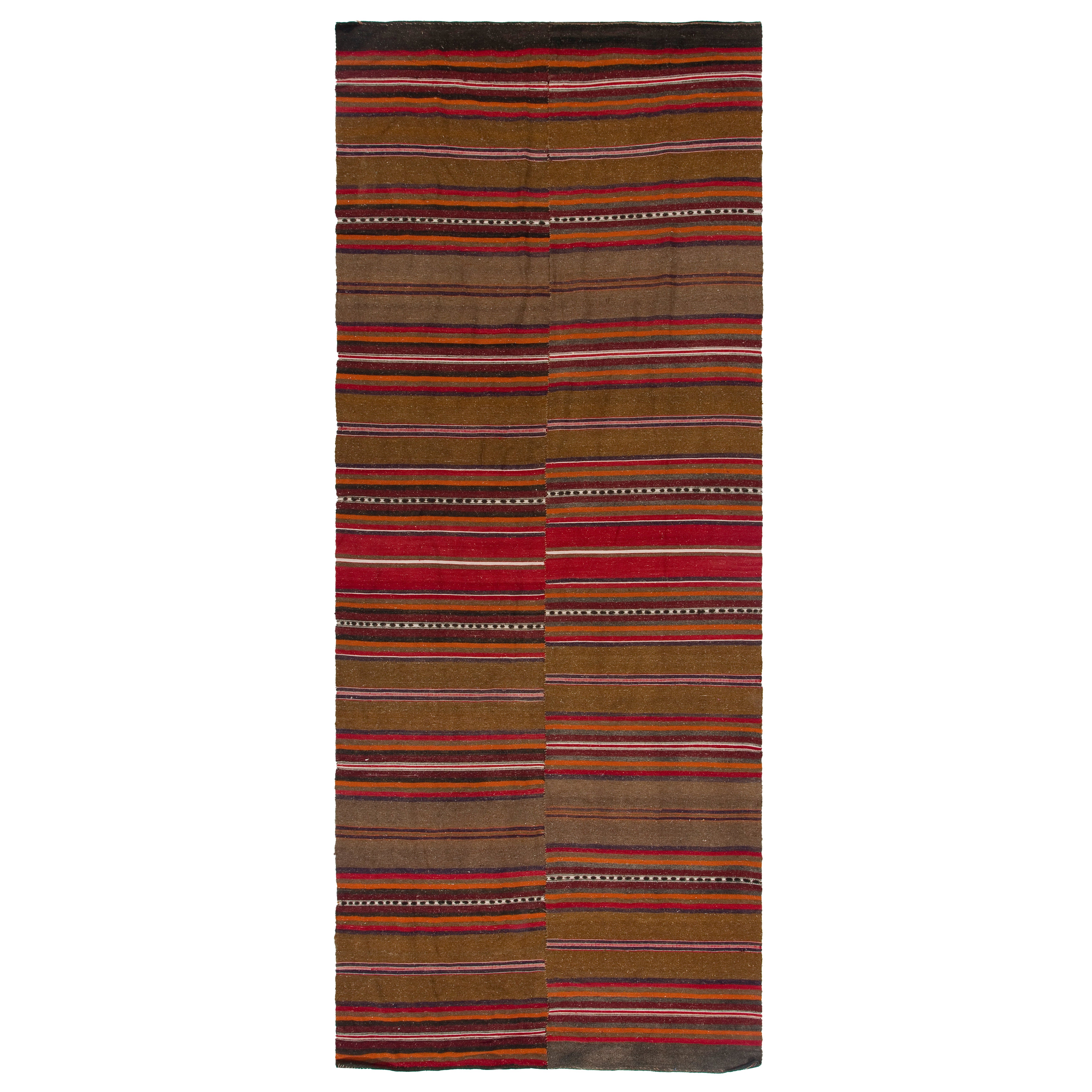 4.3x10.5 Ft Vintage Turkish Kilim. 100% Wool. Flat-Weave Striped Patterned Rug