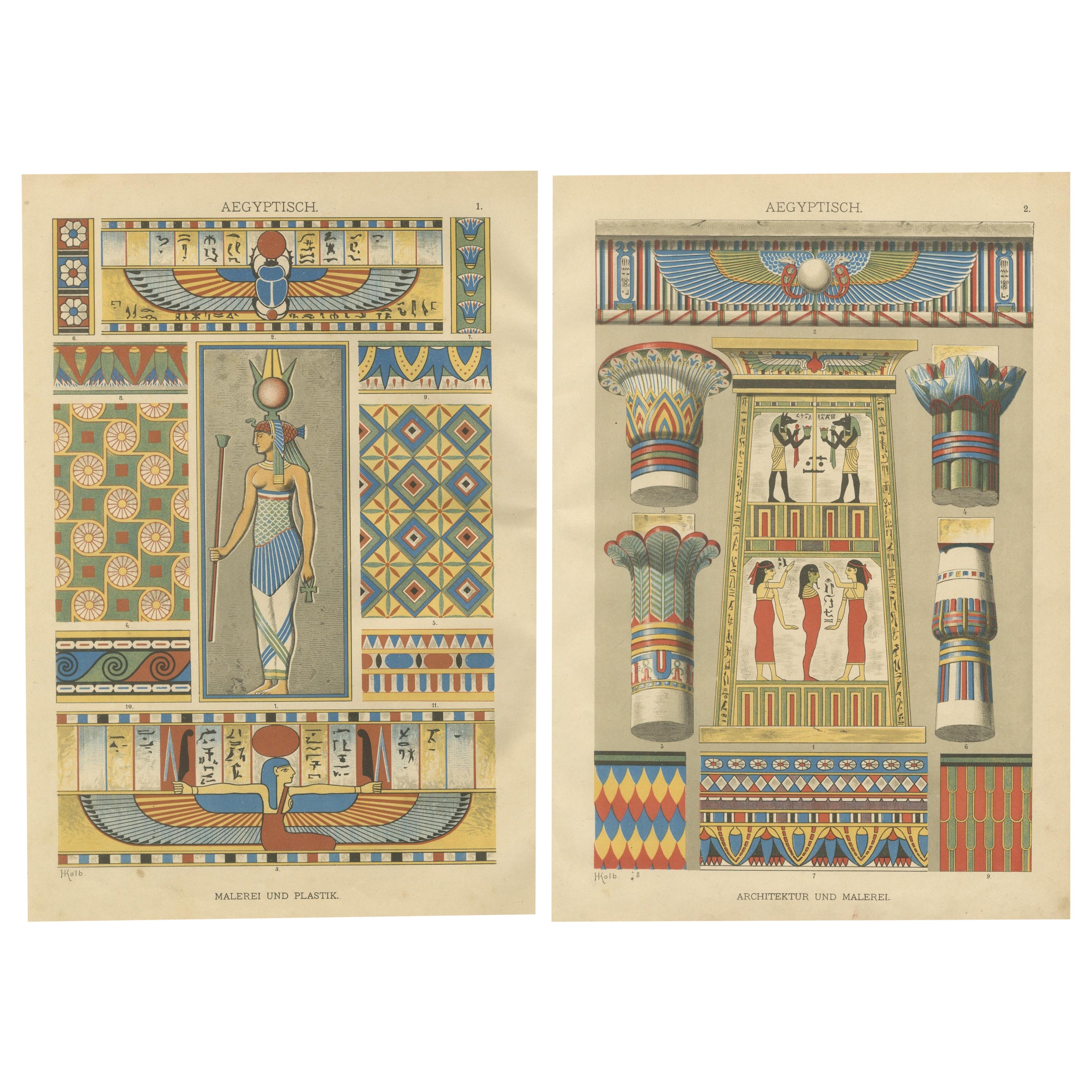 Stampe antiche di ornamenti egiziani con dettagli mitologici e architettonici