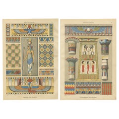 Grabados antiguos de ornamentos egipcios con detalles mitológicos y arquitectónicos