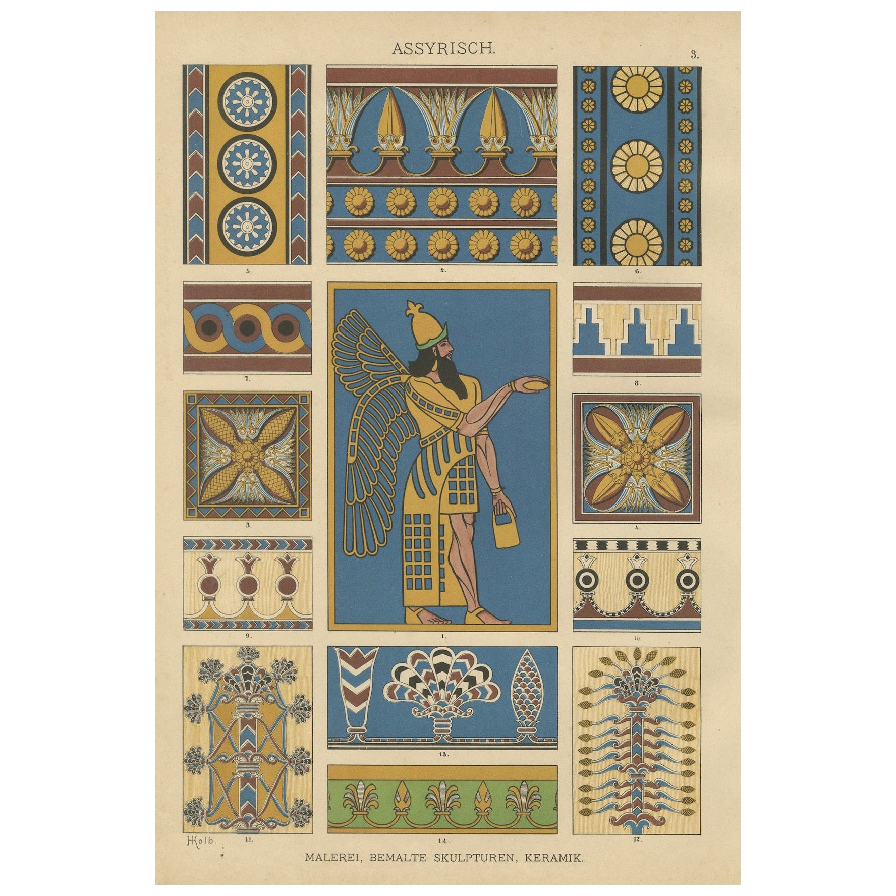Stampa antica di ornamento assiro con figura mitologica di guardiano, 1887