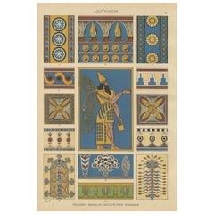 Antique Assyrian Ornament Print Featuring Mythological Guardian Figure, 1887