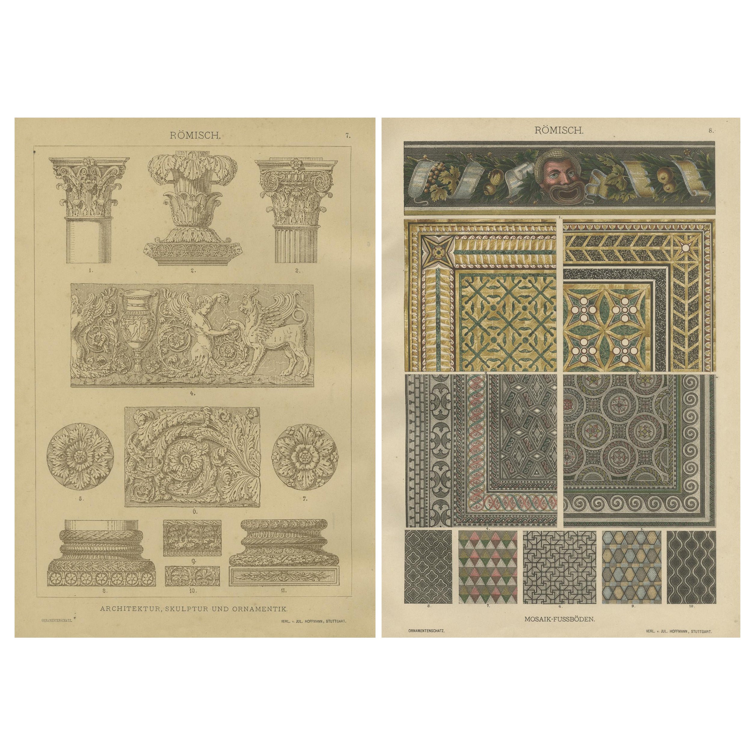 Antike römische Architektur- und Mosaik-Ornamentdrucke, veröffentlicht 1887