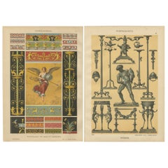 Antique Pompeian Wall Painting and Bronze Design Prints, Italy-Inspired, 1887