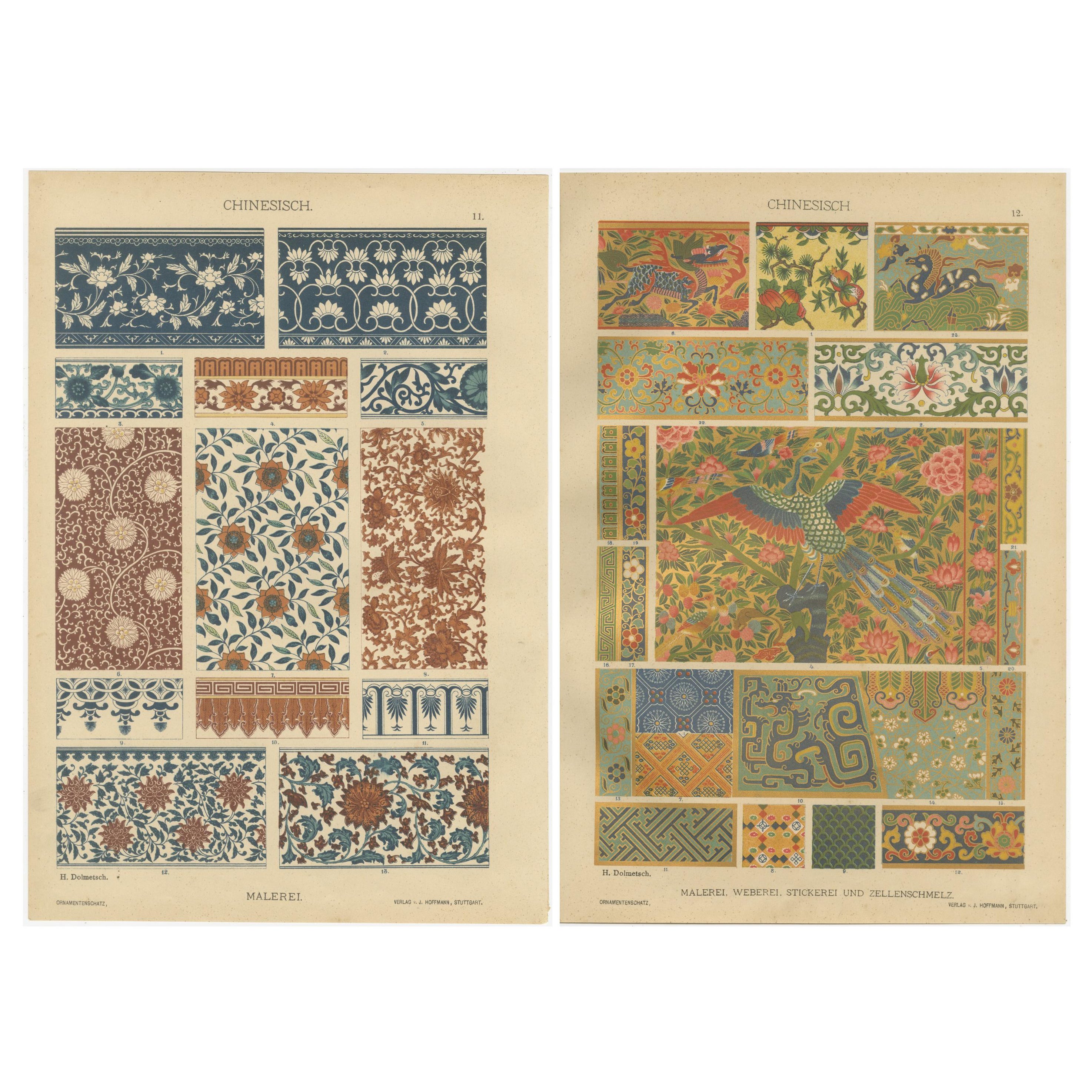 Antiguos grabados chinos de arte decorativo con motivos florales y textiles, 1887