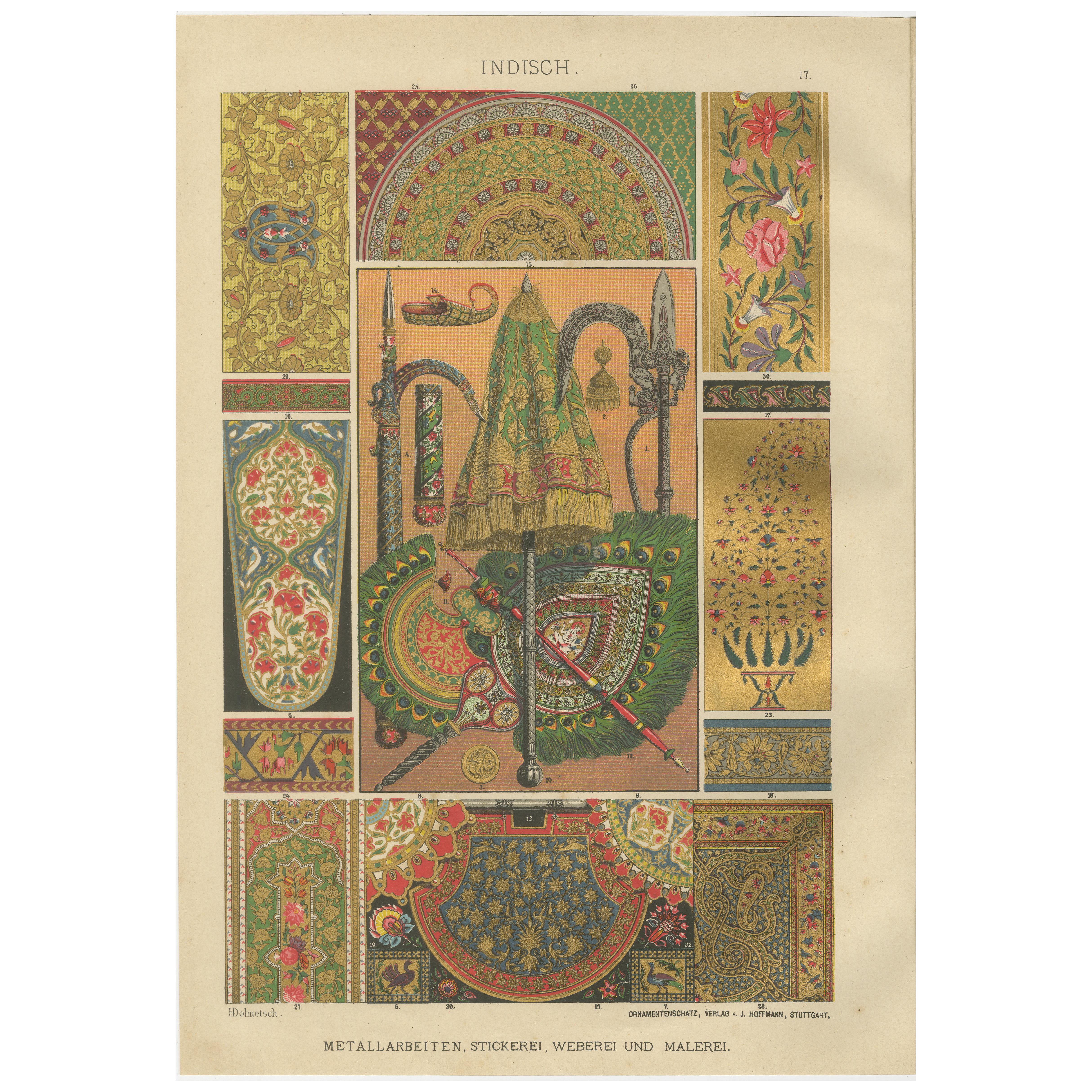 Grabado antiguo de arte decorativo indio con tejidos y armas reales, 1887