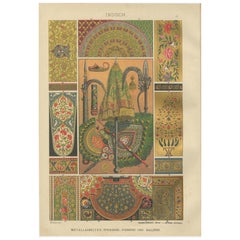 Antique Indian Decorative Art Print with Royal Textiles and Weaponry, 1887