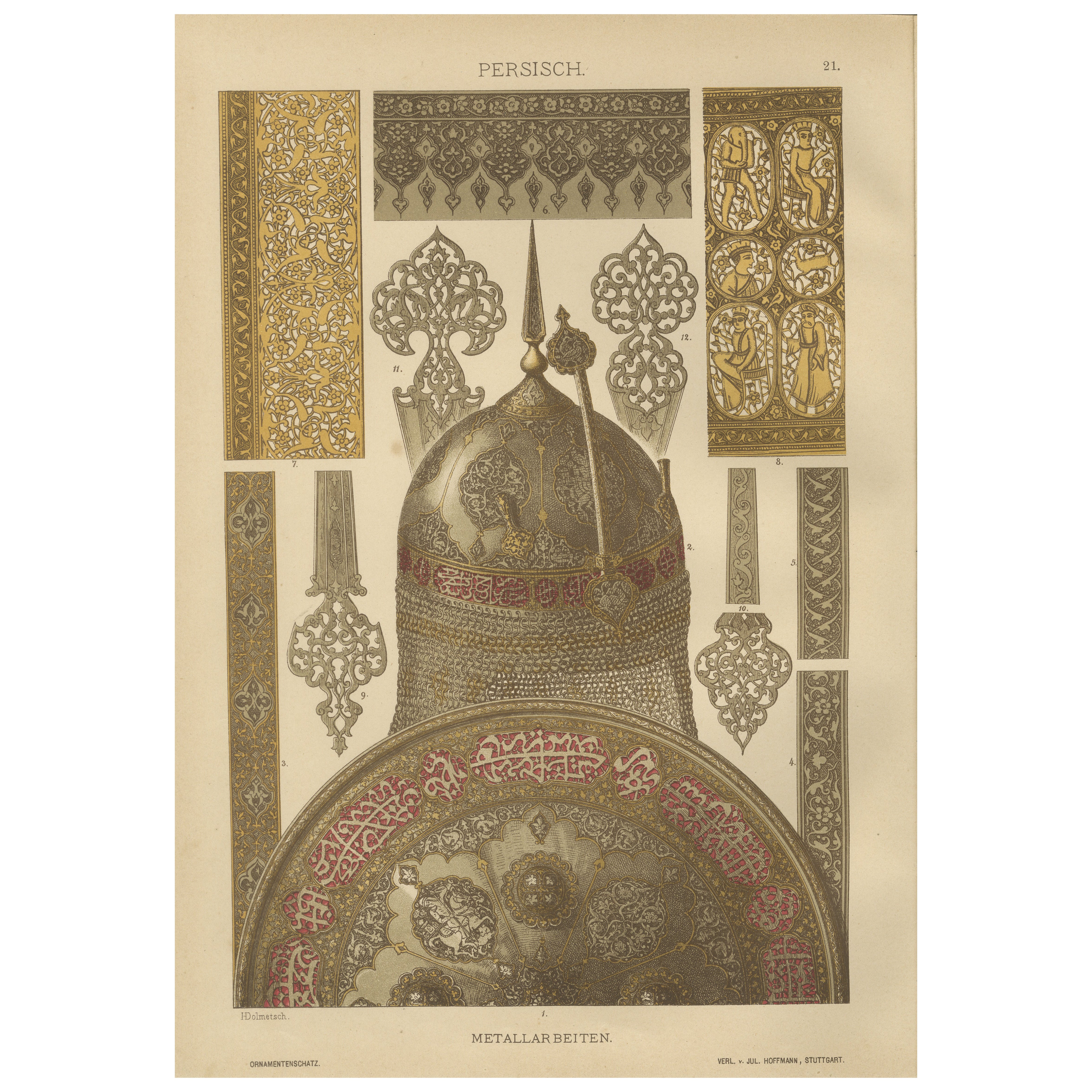 Stampa antica persiana in metallo con armature e ornamenti islamici, 1887