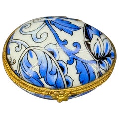French Limoges Porcelain Oval Blue White Trinket Box