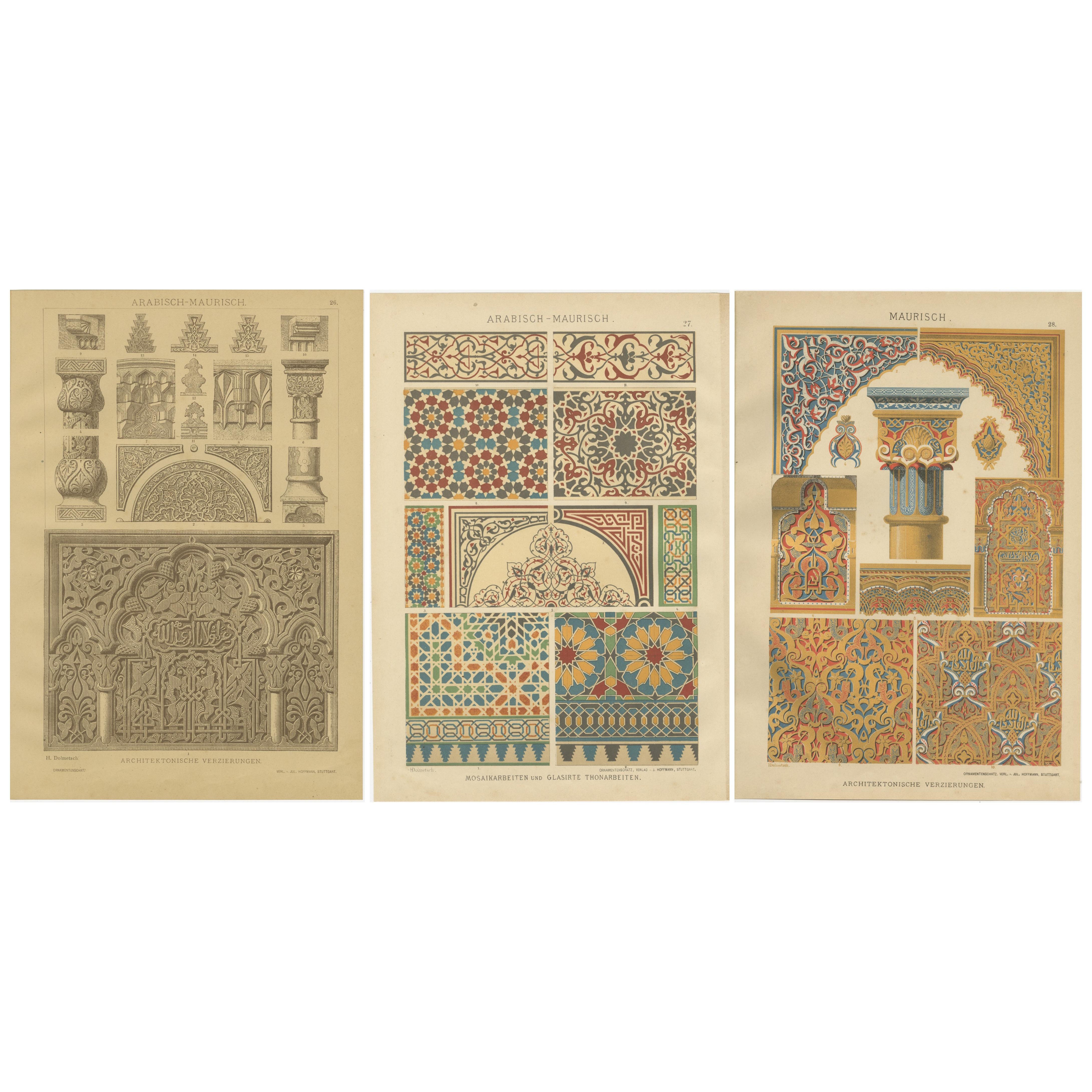 Conjunto de tres grabados arquitectónicos moriscos del siglo XIX de H. Dolmetsch, 1887