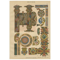 Antique Celtic Manuscript Illumination Print by H. Dolmetsch, Germany ca. 1887
