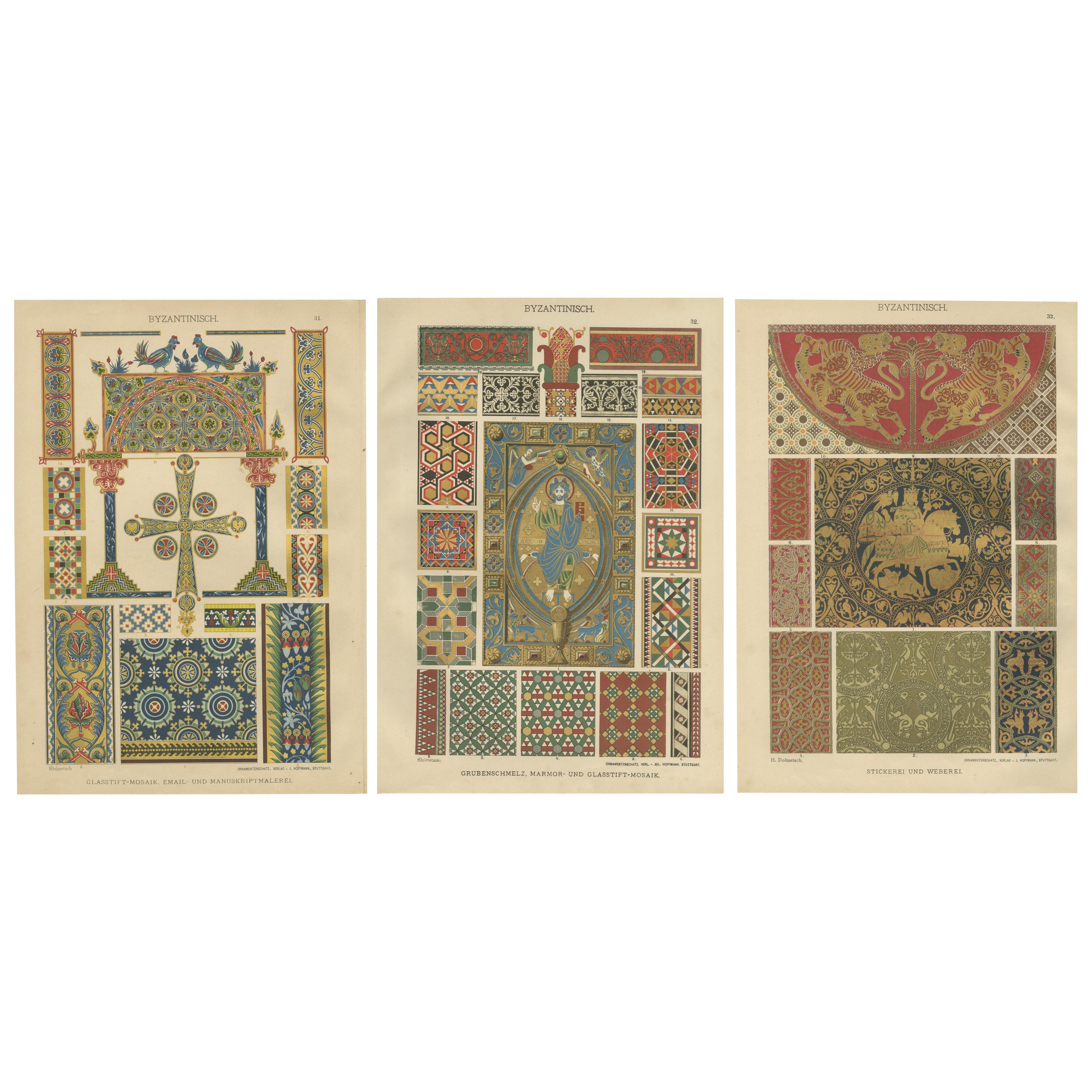 Set di 3 stampe in stile bizantino di H. Dolmetsch da Ornamentenschatz, 1887