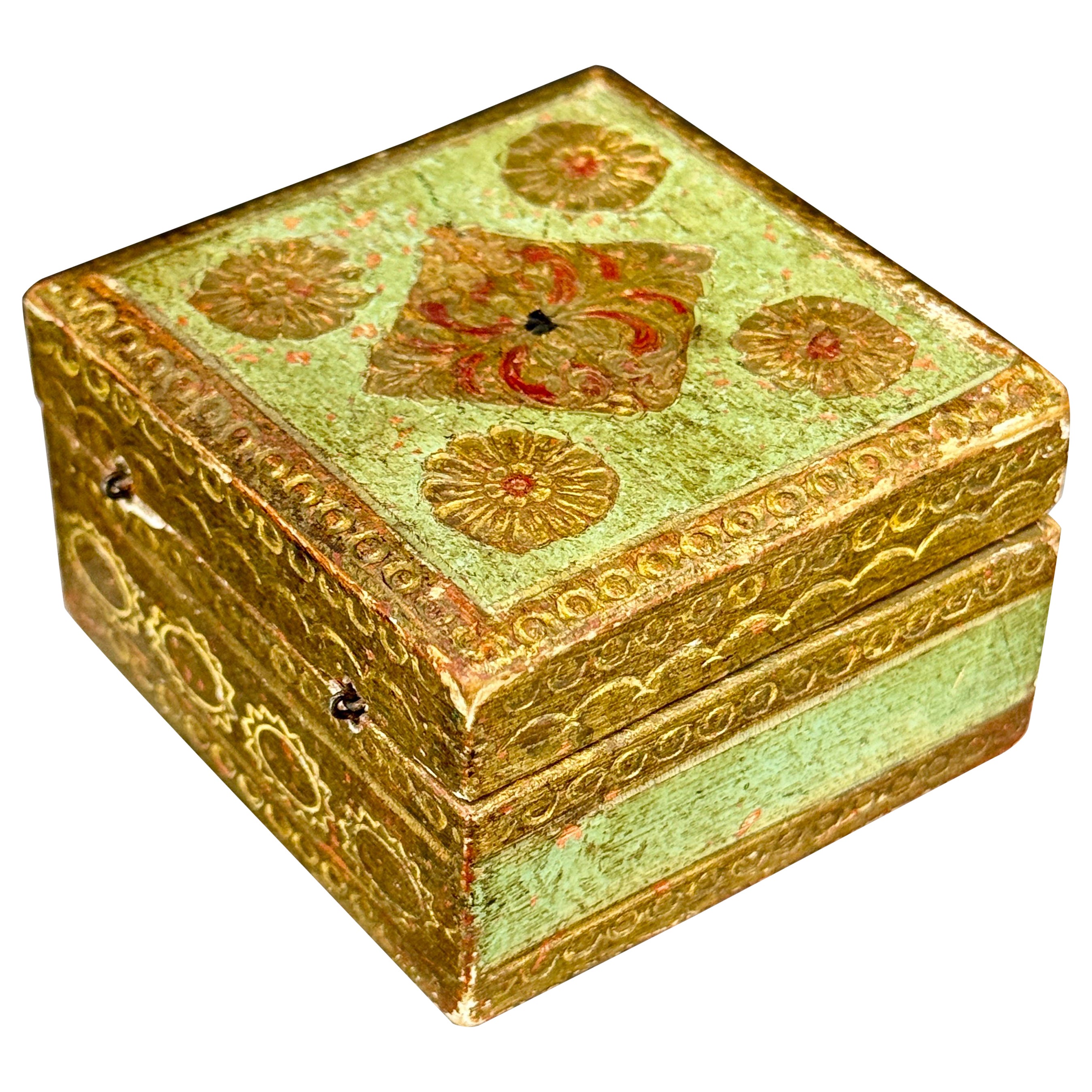 Caja de baratijas cuadrada pequeña de madera florentina verde y dorada
