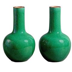 Pair of Green Ground Porcelain Bottle Vases