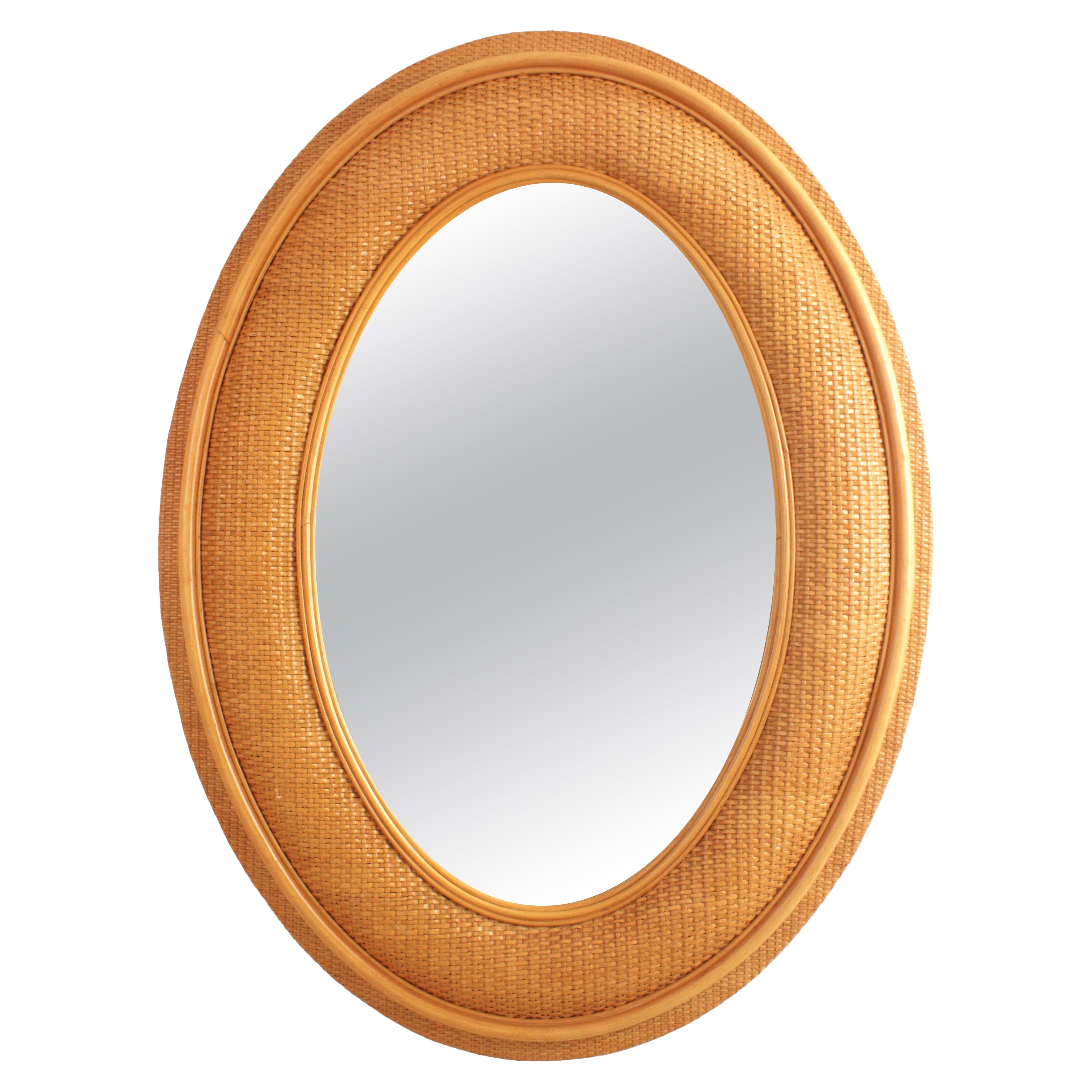 Spanish Oversized Oval Mirror in Rattan and Woven Wicker