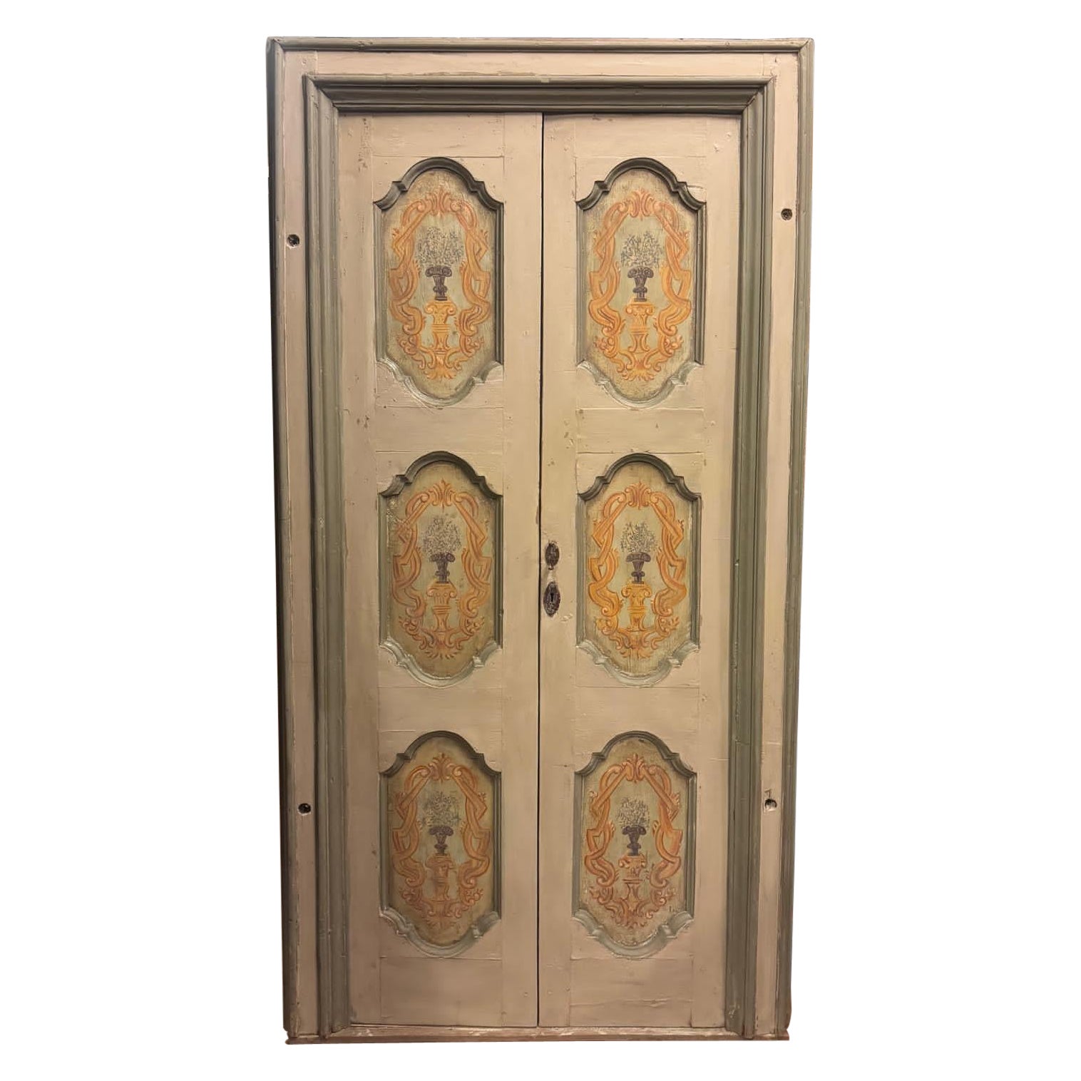 N.3 puertas de madera de dos hojas pintadas con macetas, con marco, Italia
