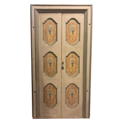 N.3 double-leaf wooden doors painted with flower pots, with frame, Italy