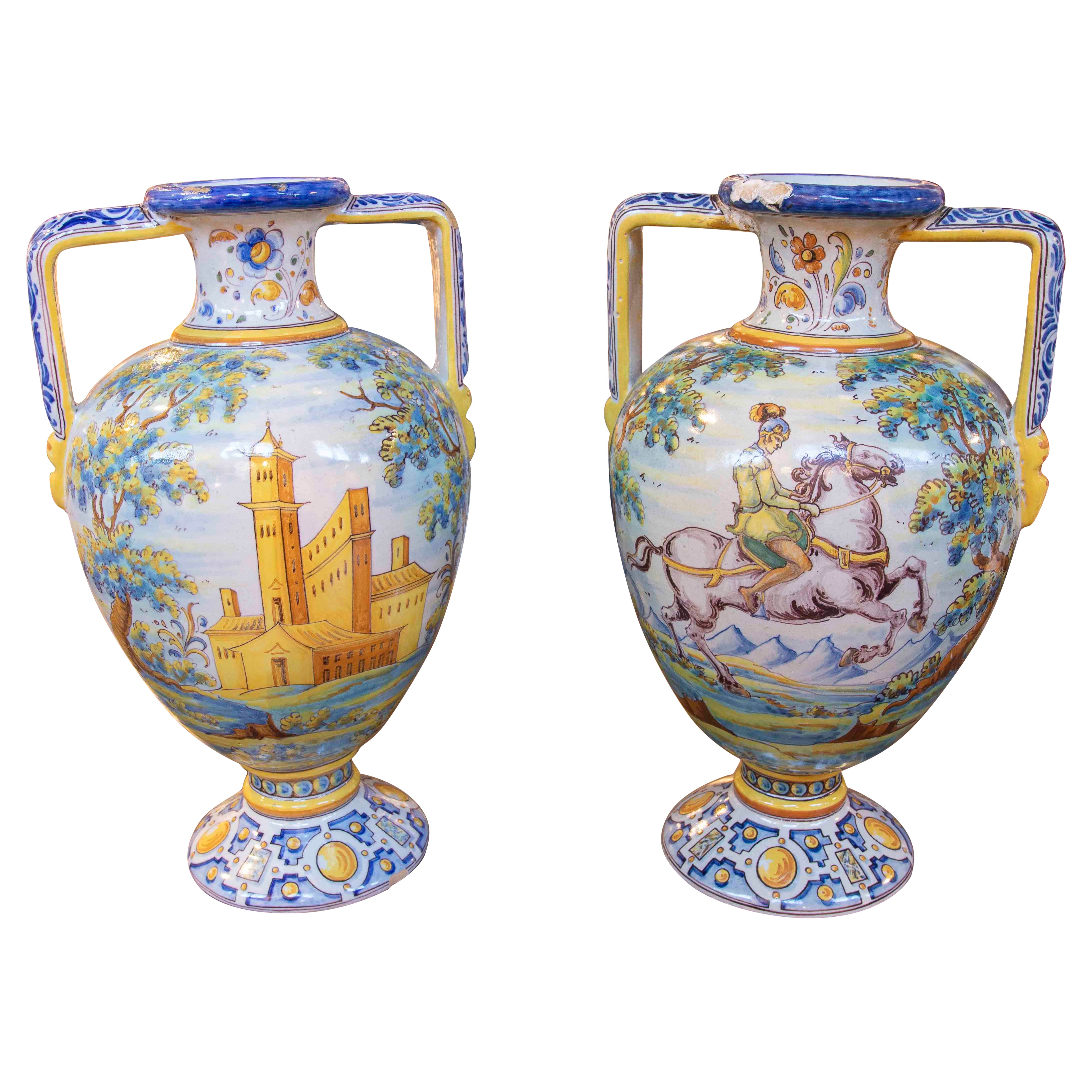 1950s Hand-decorated Pair of Signed Talavera Ceramic Vases with Scenes