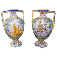 1950s Hand-decorated Pair of Signed Talavera Ceramic Vases with Scenes