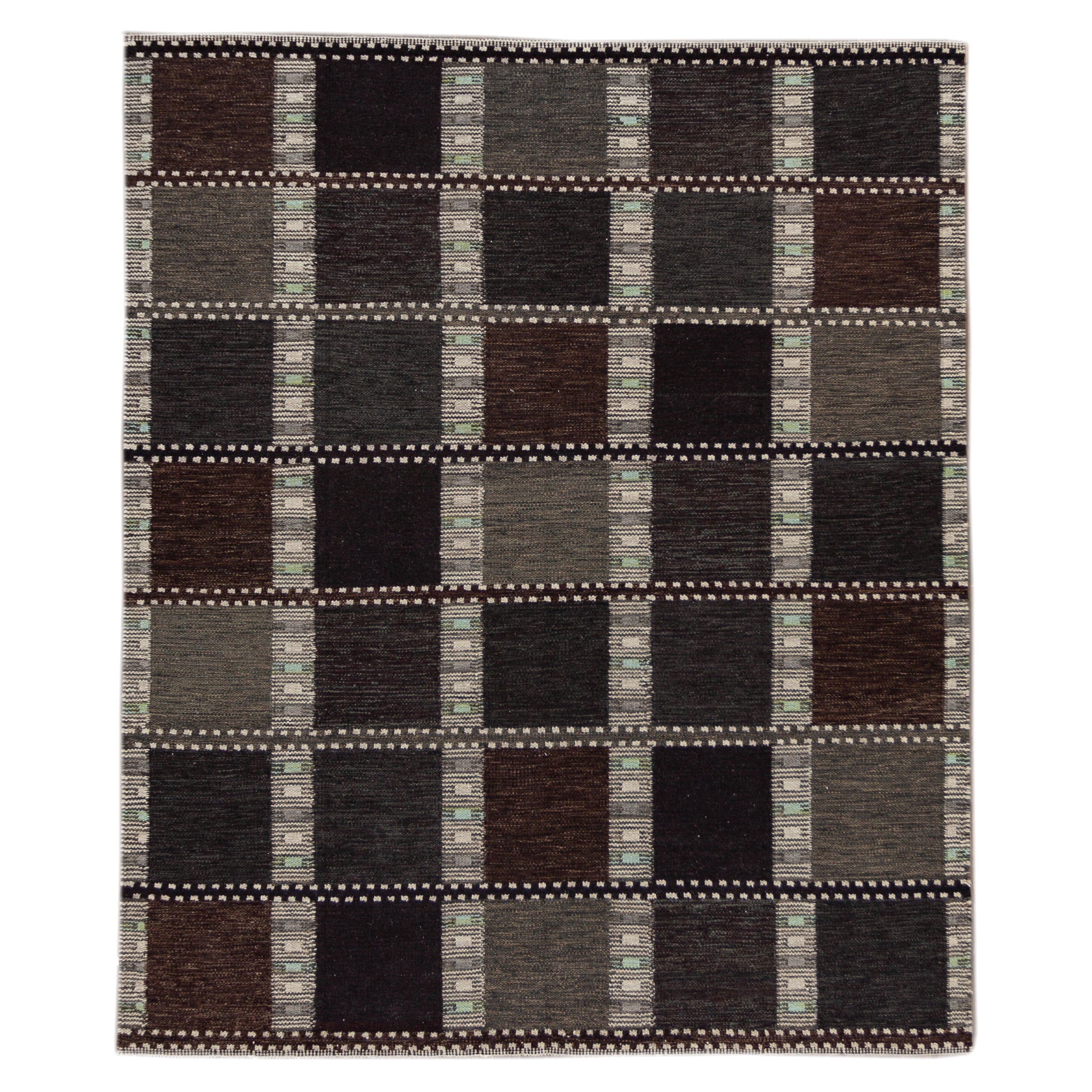 Contemporary Scandinavian Flatweave Wool Rug With Earthy Geometric Pattern