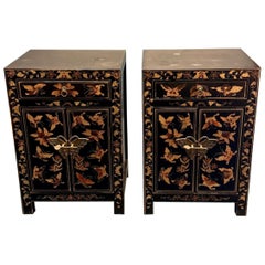 19th Century Pair of Black Lacquered Chests with Gold Leaf Butterfly Pattern