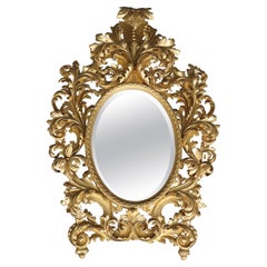 Very Tall Carved Gilded Italian Florentine Oval Leaf Beveled Mirror