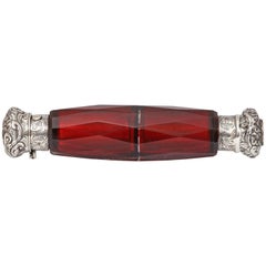 Victorian Sterling Silver and Ruby Glass Double-Sided Lay Down Perfume Bottle
